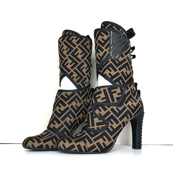 Fendi Lycra Vitello FF Logo Tape Promenade Heeled Boots 38 - Picture 1 of 9